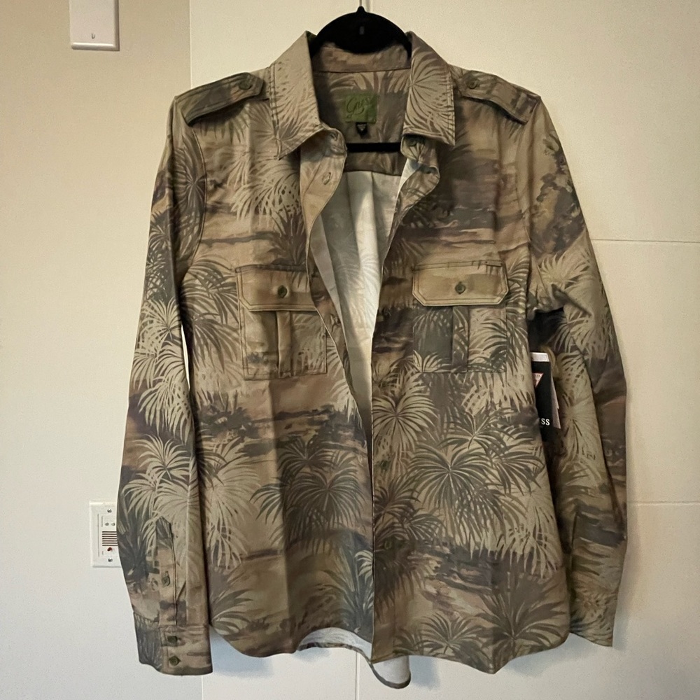 Guess Palm tree print soft canvas button down shirt